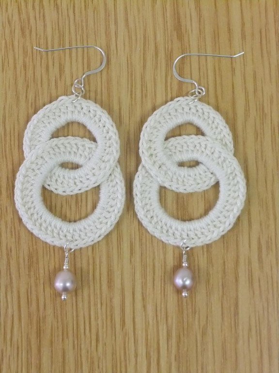 Crochet Earrings in Cotton with Freshwater Pearls & Gold Plated Findings